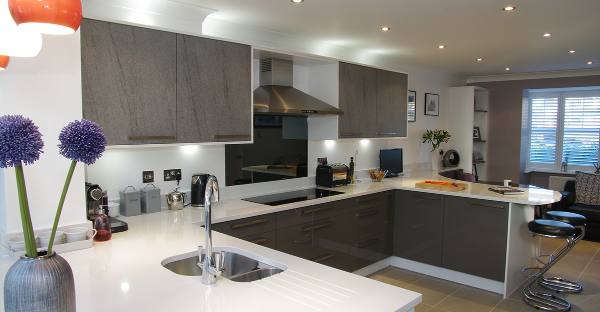 dark grey and gloss kitchen